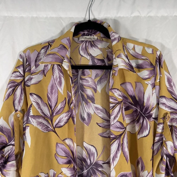 Find Me Plus Blouse Women's 1XL Yellow Floral 3/4 Sleeve Tie Front - Picture 2 of 10